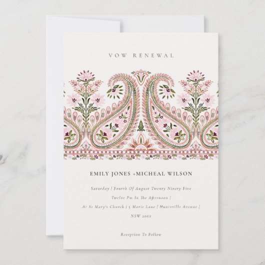 Roze groene Floral Paisley Motif Vow Renewal Invit Bedankkaart (Voorkant)