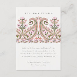 Roze groene Floral Paisley Motif Wedding Details Informatiekaartje