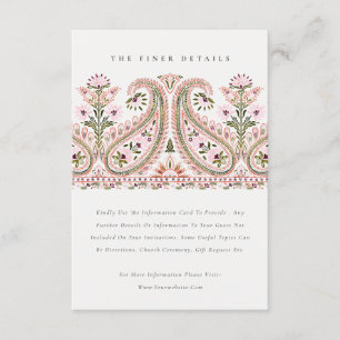 Roze groene Floral Paisley Motif Wedding Details Informatiekaartje