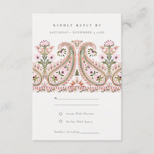 Roze groene Floral Paisley Motif Wedding RSVP Informatiekaartje