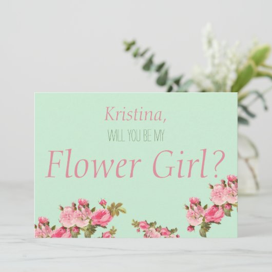 Roze groene Floral zal je mijn Bloemenmeisje zijn Kaart (Staand voorkant)