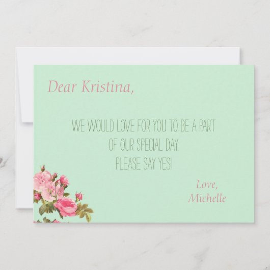 Roze groene Floral zal je mijn Bloemenmeisje zijn Kaart (Achterkant)