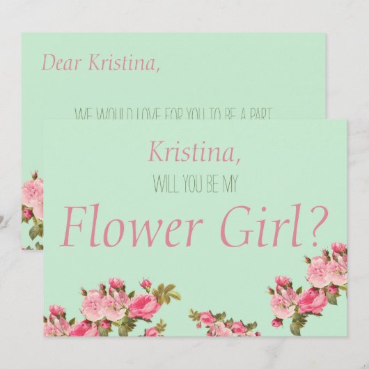 Roze groene Floral zal je mijn Bloemenmeisje zijn Kaart (Voorkant / Achterkant)