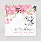 Roze groene florale qr code logo haring make-up vierkante visitekaartje (Voorkant)