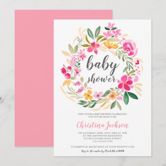 Roze groene florale waterverf baby shower kaart (Voorkant / Achterkant)