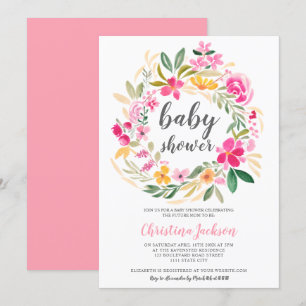 Roze groene florale waterverf baby shower kaart