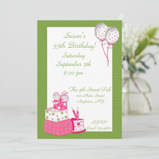 Roze Groene Gedotteerde Partij Uitnodiging (Staand voorkant)