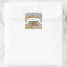 Roze groene geel Floral bruine eik - Bind Vierkante Sticker