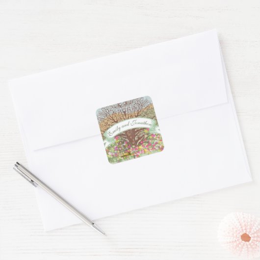 Roze groene geel Floral bruine eik - Bind Vierkante Sticker (Envelop)