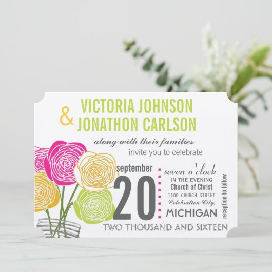 Roze groene gele foto Floral ModernTypografie Kaart (Staand voorkant)