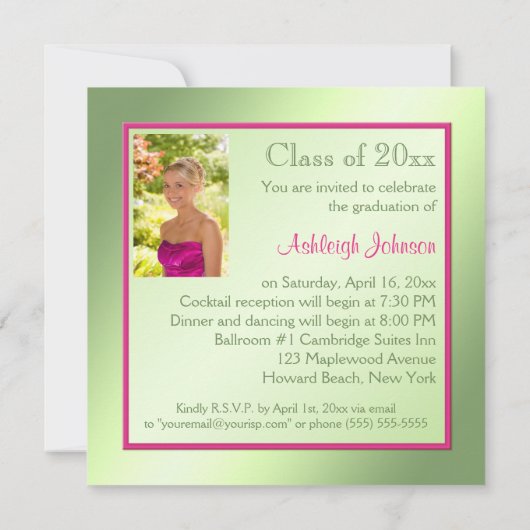 Roze, groene, gele fotouitnodiging Afstuderen Kaart (Achterkant)