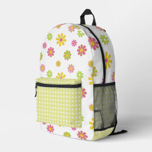 ROZE GROENE GELE RETRO MARGRIETEN BLOEMEN BEDRUKTE RUGZAK