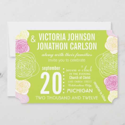 Roze groene gele Rose ModernTypography Wedding Kaart (Voorkant)