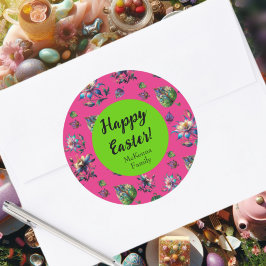 Roze Groene Gelukkig Pasen Lente Akelei Bloem Ronde Sticker
