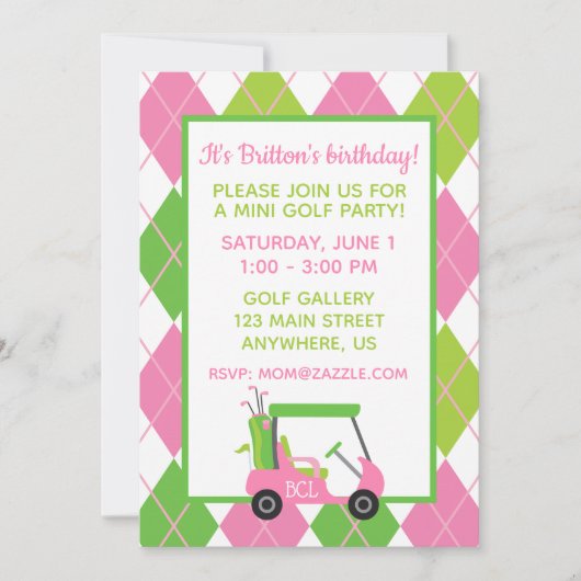 Roze & groene gepersonaliseerde golf feestuitnodig kaart (Voorkant)