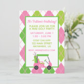 Roze & groene gepersonaliseerde golf feestuitnodig kaart (Staand voorkant)