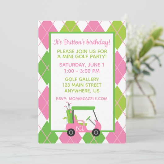 Roze & groene gepersonaliseerde golf feestuitnodig kaart (Staand voorkant)