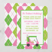 Roze & groene gepersonaliseerde golf feestuitnodig kaart (Voorkant / Achterkant)