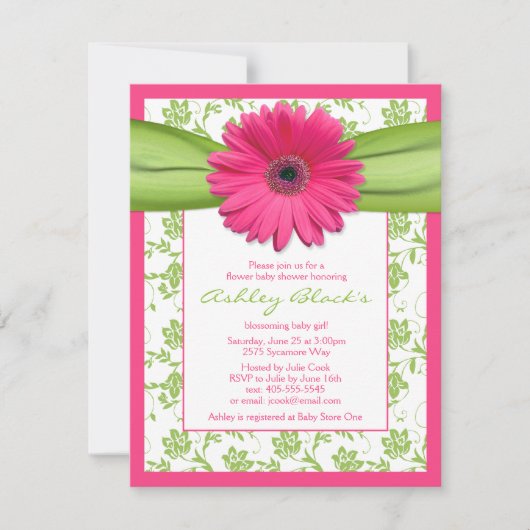 Roze Groene Gerbera Daisy Baby shower Uitnodiging (Voorkant)