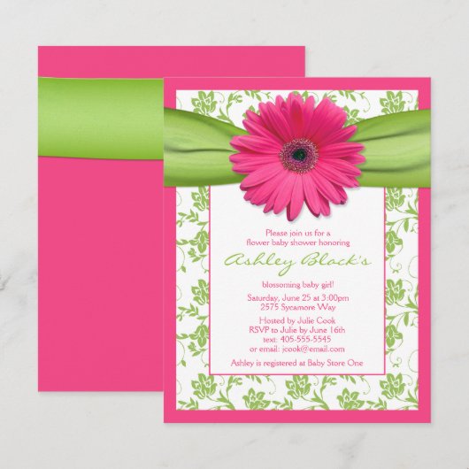Roze Groene Gerbera Daisy Baby shower Uitnodiging (Voorkant / Achterkant)