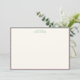 Roze groene geruite geruite gepersonaliseerde naam notitiekaartje