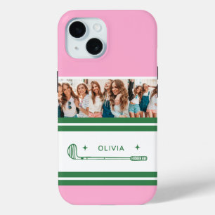 Roze & groene gestreepte gepersonaliseerde retro c iPhone 15 case