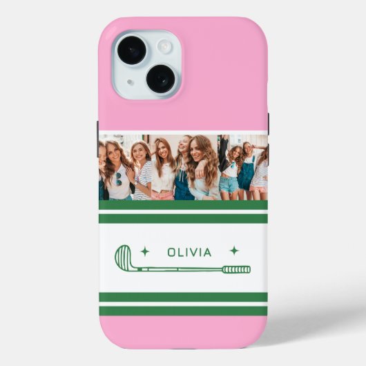 Roze & groene gestreepte gepersonaliseerde retro c Case-Mate iPhone case (Achterkant)