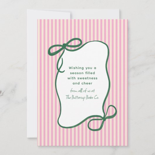Roze Groene Gestreepte Strik Kerst Bakkerij Bedrij Feestdagenkaart (Voorkant)