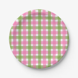 Roze groene Gingham geruite Zomer Tuinfeest Papieren Bordje