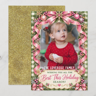 Roze groene Gingham Kerst foto frame vakantie Feestdagenkaart