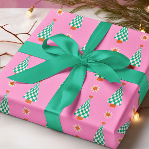 Roze Groene Gingham Kerstboom Retro Patroon Cadeaupapier