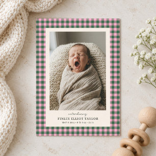Roze Groene Gingham Twee Foto Nieuwe Baby Geboorte Aankondiging