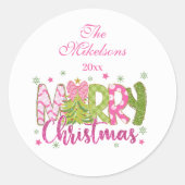 Roze Groene Glitter Prettig Kerstfeest Ronde Sticker (Voorkant)