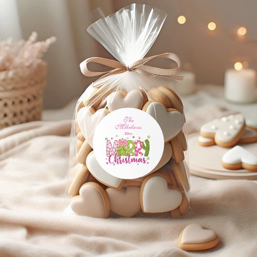 Roze Groene Glitter Prettig Kerstfeest Ronde Sticker