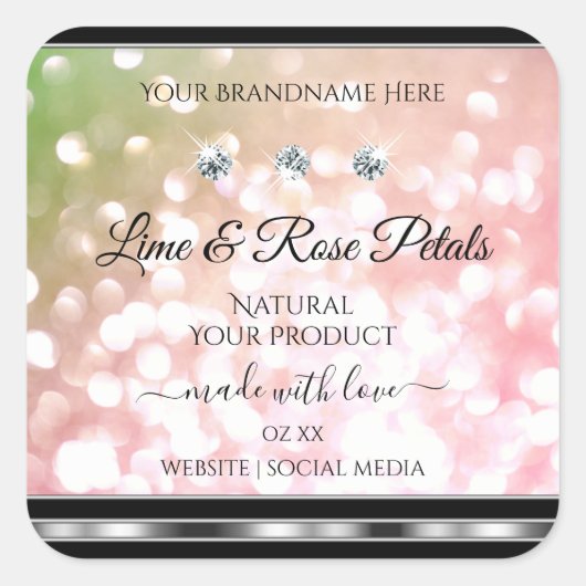 Roze groene glitter-productetiketten diamanten zil vierkante sticker (Voorkant)