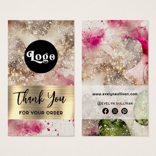 Roze groene glitter waterverf bijsluiter visitekaartje (Voorkant /achterkant)