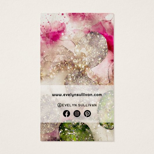 Roze groene glitter waterverf bijsluiter visitekaartje (Achterkant)