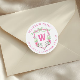 Roze & Groene Golf Cart Monogram Crest Adres Ronde Sticker