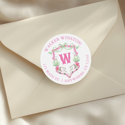 Roze & Groene Golf Cart Monogram Crest Adres Ronde Sticker