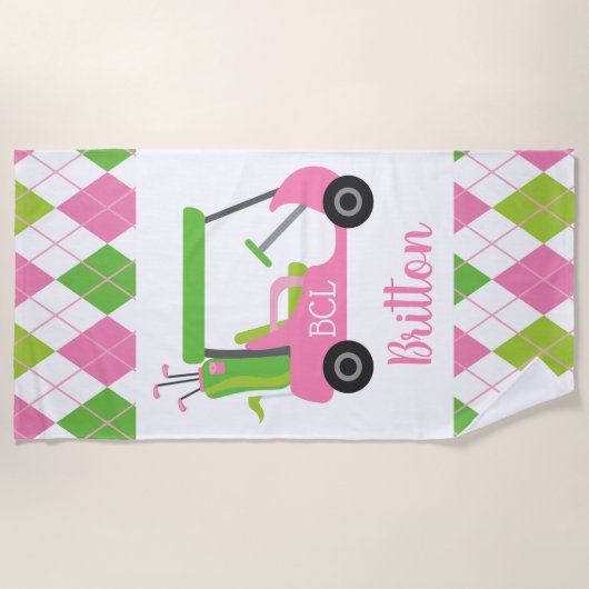 Roze & Groene Golf Gepersonaliseerde Strandhanddoe Strandlaken (Voorkant)