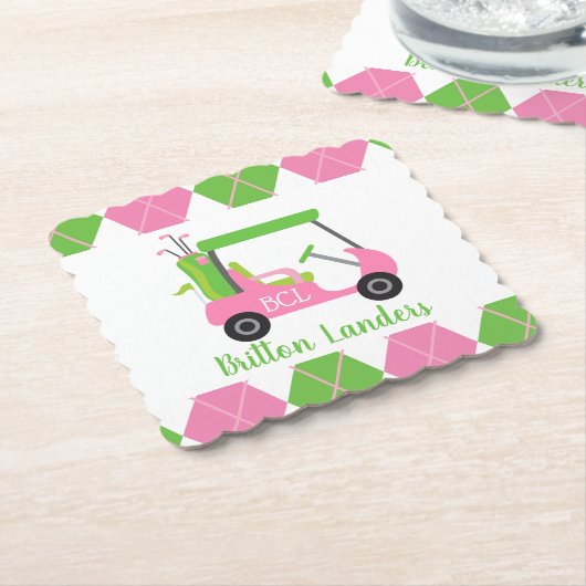 Roze & Groene Golf Monogrammed Document Onderzette Kartonnen Onderzetters (Gebogen)