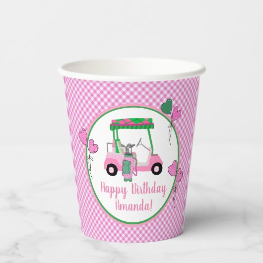 Roze & Groene Golf Thema Gepersonaliseerde Party Papieren Bekers (Achterkant)