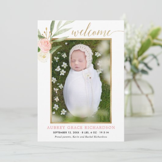 Roze groene goudbruine bruidsmeisje aankondiging (Staand voorkant)