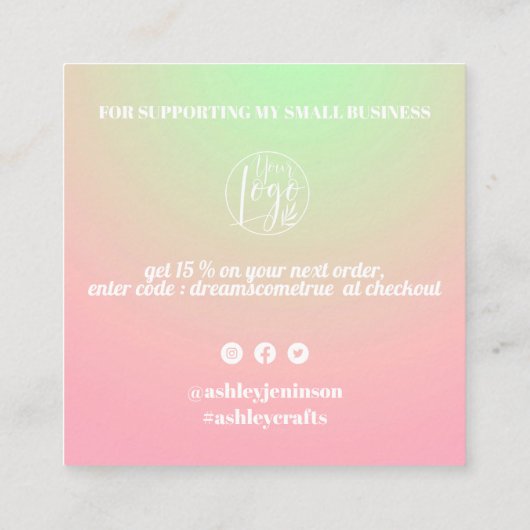 Roze groene gradiënt retro script orde dank u vierkante visitekaartje (Achterkant)