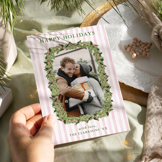 Roze & Groene Grandmillennial Krans Feestdagenkaart