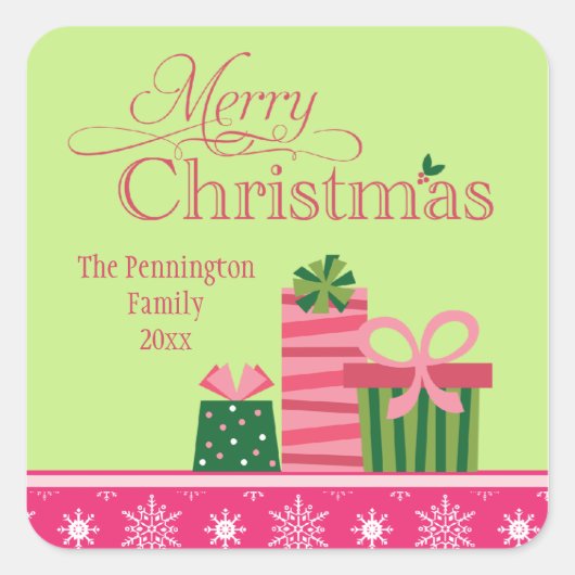 Roze groene grillige cadeaus kerst sticker (Voorkant)