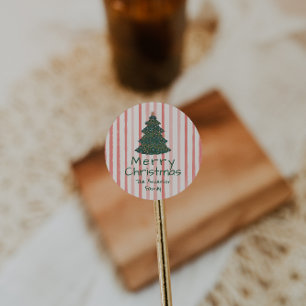  Roze Groene Hand Getrokken Kerstboom Ronde Sticker