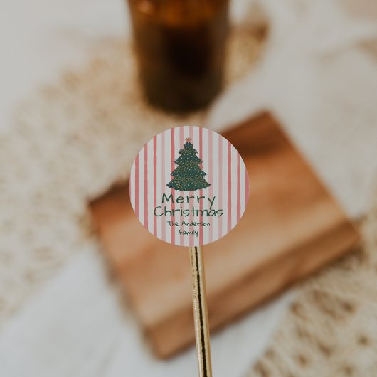  Roze Groene Hand Getrokken Kerstboom Ronde Sticker