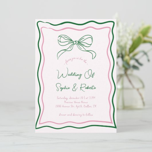 Roze & Groene Hand Getrokken Retro Bow Franse brui Kaart (Staand voorkant)