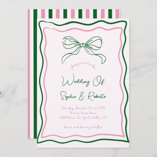 Roze & Groene Hand Getrokken Retro Bow Franse brui Kaart (Voorkant / Achterkant)